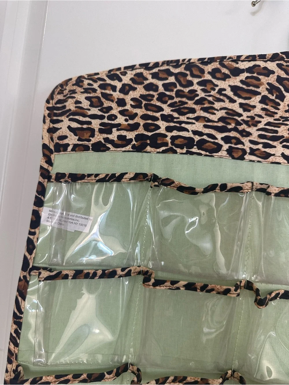 Leopard Trim Hanging Jewelry & Accessory Organizer in Mint Green